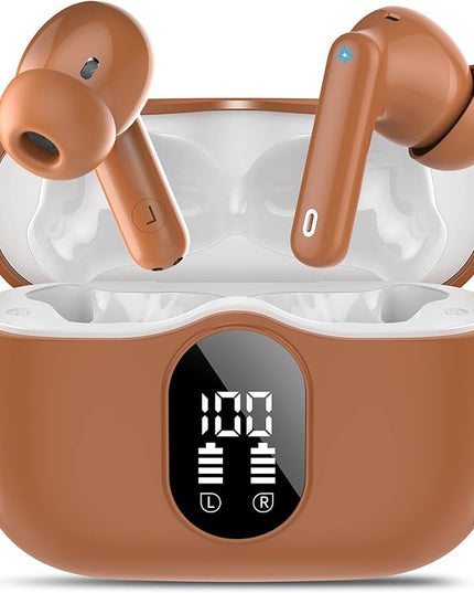 Wireless Earbuds, Bluetooth 5.4 Headphones Bass Stereo, Ear Buds with Noise Cancelling Mic, LED Display in Ear Earphones Clear Calls, IP7 Waterproof Bluetooth Earbuds for Laptop/Phones/Sports, Brown