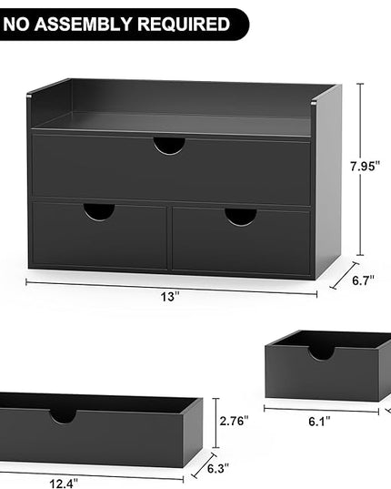 Bamboo Desk Organizer with Drawers Desktop Storage Drawers for Bills Office Supplies Kitchen Utensils Organizing Tool for Home Classroom Organization No Assembly (Black with Shelf)