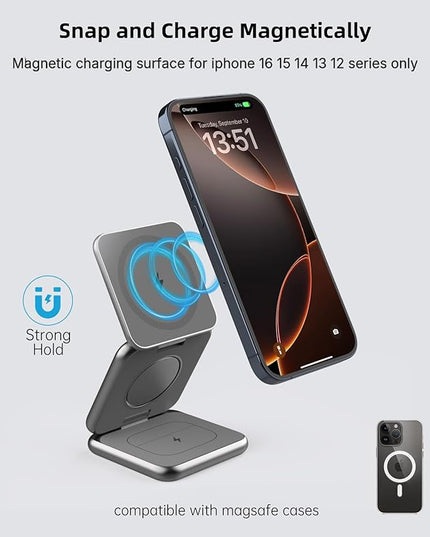Foldable Magnetic Wireless Charger, KU XIU X40 Aluminum Alloy 3 in 1 Charging Station for Apple, Fast Magnetic Charger Stand for iPhone 17 16 15 14 13 12 Series, 5W for iWatch, AirPods 3/2/Pro, Gray