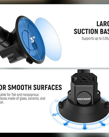 NEEWER Triple Suction Cup Car Mount Kit, Carbon Fiber Camera Mount with Action Camera Adapter, NATO Rail & 24"/60cm Extension Pole Compatible with GoPro Insta360, 2.2lb/1kg Max Load, CA136