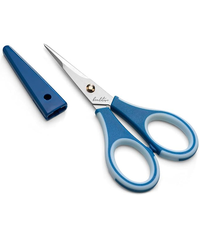 Beaditive Precision Craft Scissors - Ultra Sharp Stainless Steel Blades & Non-Slip TPR Handles - Adult & Kid Scrapbooking Scissors With Safety Cap For Home, Office, School (Blue)