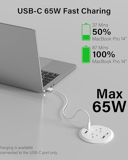 Jgstkcity Power Strip,Flush Mount Recessed Power Grommet,65W USB C Fast Charging,3-Inch Hole, 4 Outlets & 4 Ports, Ideal for Desktop & Countertop Outlet,Dual-Sided (White, 6FT)