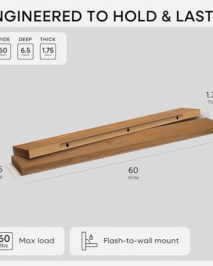 Homeforia 60 inch Golden Oak Floating Shelf, High End Solid Real Wood 60inch Small Floating Shelves for Wall Mounted, Oak Wooden 60in Floating Shelves, Heavy Duty Bracket, 60 X 6.5 X 1.75 in, Set of 2