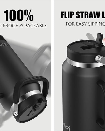 64oz Insulated Water Bottle with Flip Straw Lid - Leak-Proof, Sweat-Free, Top and Easy-Grip Side Handle, Silicone-Wrapped for Comfort, Iced for 34 Hours, Wide Mouth, BPA-Free, Anti-Slip Base
