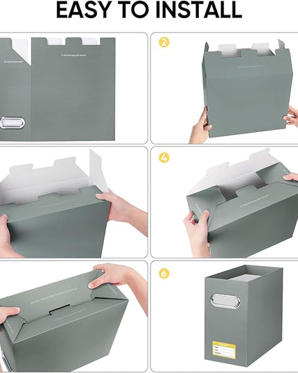 BALEINE File Organizer Box, Cardboard File Folder Organizer with Handle for Letter Size, Portable Collapsible Hanging Filing Box for Home Office Document Storage (4 Pack, Grey)