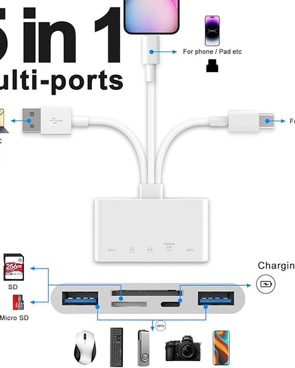 5-in-1 Memory Card Reader, USB OTG Adapter & SD Card Reader for i-Phone/i-Pad, USB C and USB A Devices with Micro SD & SD Card Slots, Supports SD/Micro SD/SDHC/SDXC/MMC