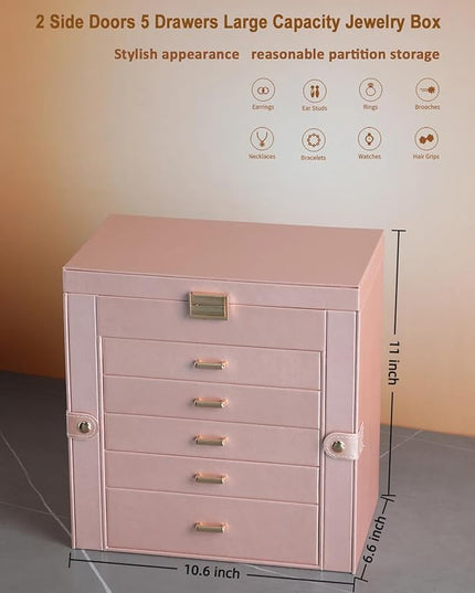 BOOVO Jewelry Box For women, 6 Layer Large Jewelry Organizer With Mirror, Multi-Function Storage Box With Lock, Necklace Holder With 5 Drawers, For Earrings Necklace Bracelet (Rose Gold and Gold)