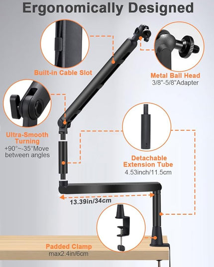 Low Profile Mic Arm Stand,Adjustable Desk Clamp Mic Boom Arm with 360°Swivel and Detachable Rise Column，Built-In Cable Management,with Mic Clip 3/8" to 5/8",For Podcasting and Streaming