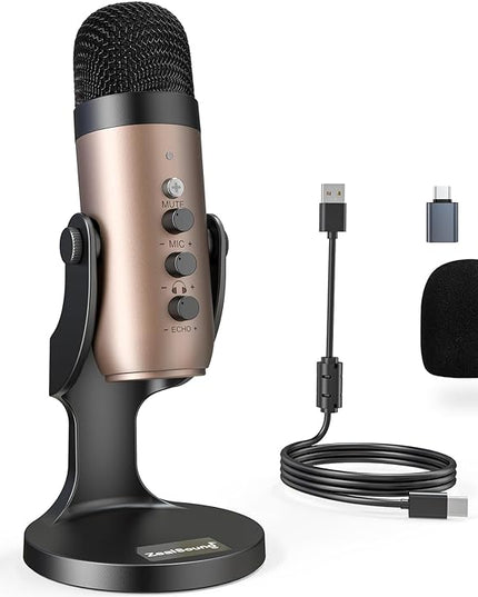 ZealSound USB Microphone,Condenser Computer PC Mic,Plug&Play Gaming Microphones for PS 4&5.Headphone Output&Volume Control,Mic Gain Control,Mute Button for Vocal,YouTube Podcast on Mac&Windows(Gold)