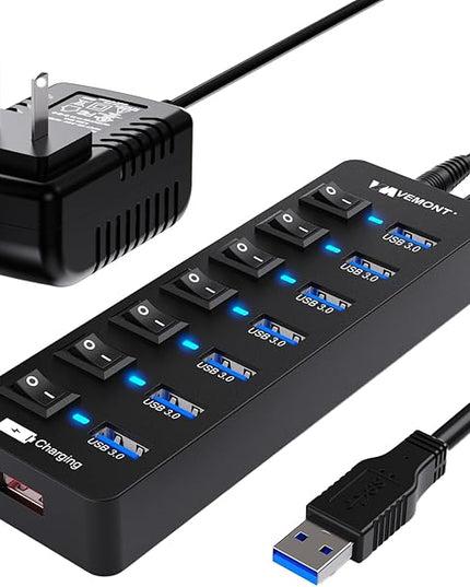 Powered USB Hub 3.0,VEMONT 7 Ports Multi USB hubs and 1 USB Smart Charging Port with 5V/3A Power Supply,USB Extension Splitter with Individual On/Off Switches and 4ft/1.2m Long Cable for PC/Laptop