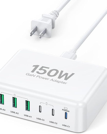 USB C Fast Charger, 150W 6 Port Desktop PD GaN Fast Charger Charging Station Block 65W USB C Laptop Power Adapter for MacBook Pro/Air iPad iPhone 17 16 15 14 13 Pro Max Galaxy S24 Note 20 Pixel