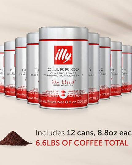 illy Ground Moka Coffee, Intenso Dark Roast, 100% Arabica, Premium Italian Coffee, Pre-Ground for Moka Pot or Stovetop Brewing, 8.8oz, 12 Pack