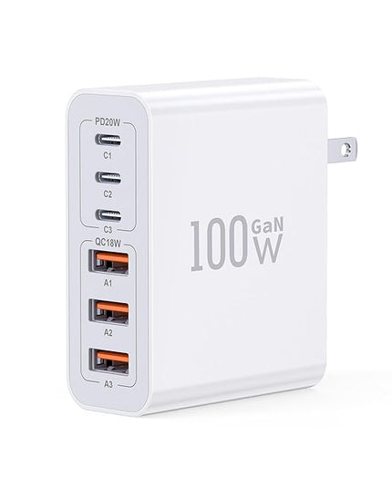 USB C Wall Charger, 100W 6-Port PD Fast USB C Charging Block,3USB C+3USB A Charging Station Hub Block Power Strip Adapter Plug Type C Cube Brick for iPhone 17/16/15/14/13/Pro Max,iPad,Samsung,Tablet