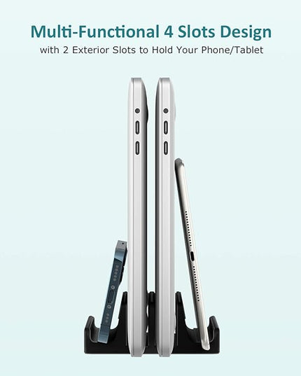 Vertical Laptop Stand - SPACEMax Adjustable GRIPLock Anti-Tip Silicone 4 Slots Aluminum Desktop Holder - Double Dock Stand - 2 Phone Slots Fits Up to 17.3” Laptops, Tablets, Phones - Black