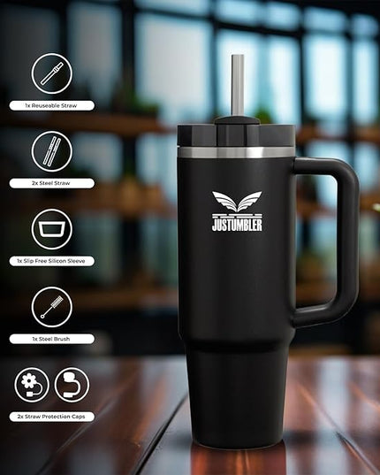 40 Oz Insulated Tumbler with Handle and Straw, Stainless Steel Coffee Travel Mug with Lid, Leak Proof Water Bottle with Accessories, Black