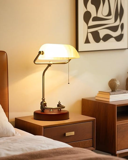 Bankers Lamp, Traditional White Desk Lamp with Solid Birch Wood Base, White Glass Antique Library Lamp with Pull Chain Switch, Plug in Vintage Bankers Desk Lamp for Office, Study Room 【E26 Socket】