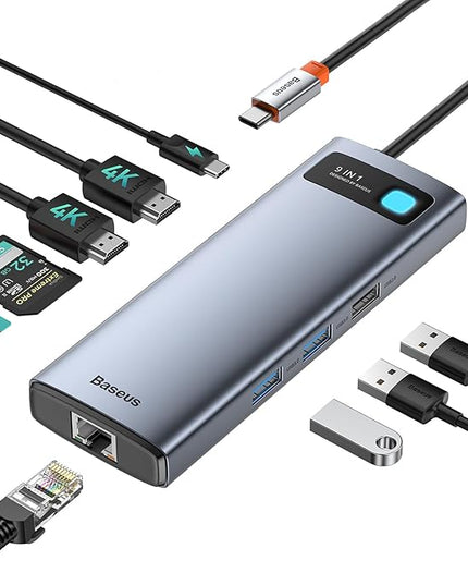 Baseus Laptop Docking Station Dual Monitor 4K@120Hz, 9 in 1 USB C Hub with 2 HDMI, 1000Mbps LAN, Max 85W PD, 3 USB, SD Card Reader, USB C Dock Compatible with iPhone 15/Mac/Dell/HP/Surface/Steam Deck