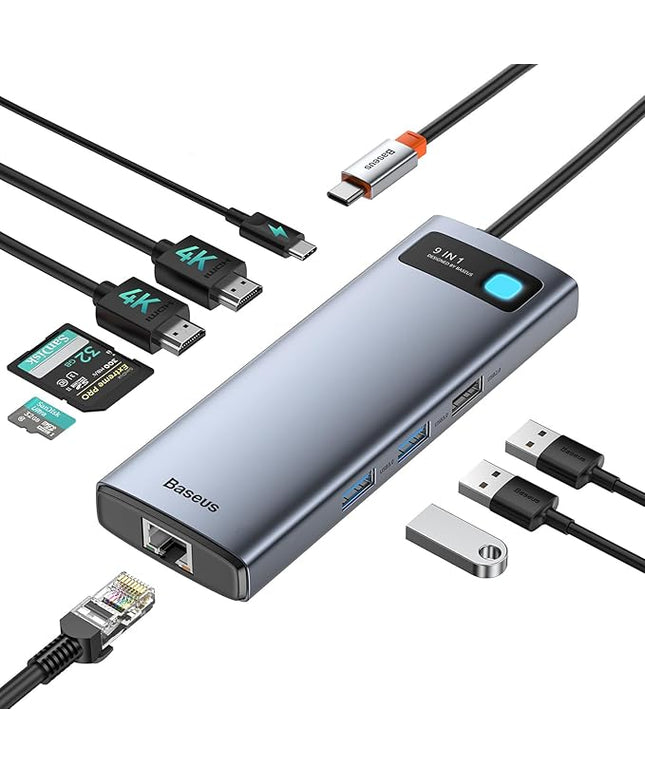 Baseus Laptop Docking Station Dual Monitor 4K@120Hz, 9 in 1 USB C Hub with 2 HDMI, 1000Mbps LAN, Max 85W PD, 3 USB, SD Card Reader, USB C Dock Compatible with iPhone 15/Mac/Dell/HP/Surface/Steam Deck