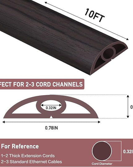 Floor Cord Cover Self Adhesive Cord Hider Floor Extension Cord Covers for Floor Power Cord Protector Cable Management Prevent Cable Trips Cable Cavity 0.32" W x 0.32" H (Dark Walnut, 10Ft)