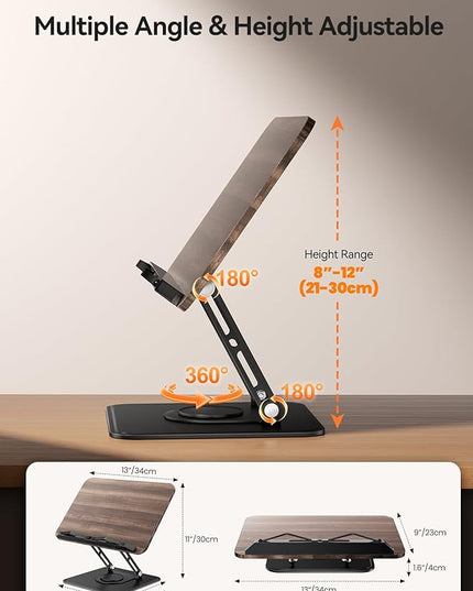 Tounee Book Stand, 360° Rotating Reading Book Holder, Adjustable Cookbook Holder for Reading Hands-Free, Foldable Desktop Recipe Book Stand with Protective Page Clips, Fits All Books - Black