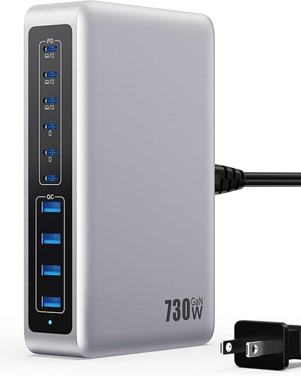 730W USB C Charger Block,GaN IV Fast Charging Station Hub 10 Ports,QC4.0+3 PD 100W USB C Laptop Charger Ports Power Adapter Compatible with MacBook Air/Pro,DELL,iPhone 17/16/15/14/13,iPad,Steam Deck