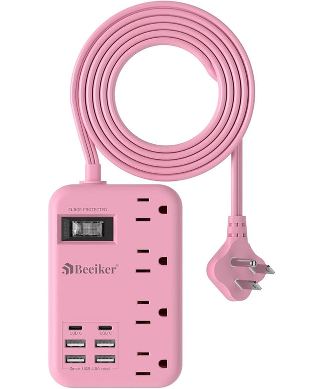 6 USB(2 USB C) Pink Extension Cord- 5Ft Travel Power Strip with 24W USB Charging Station and 4 Outlets, Pink Desk Accessories with Surge Protector for Cute Kawaii Gifts College Dorm Desk