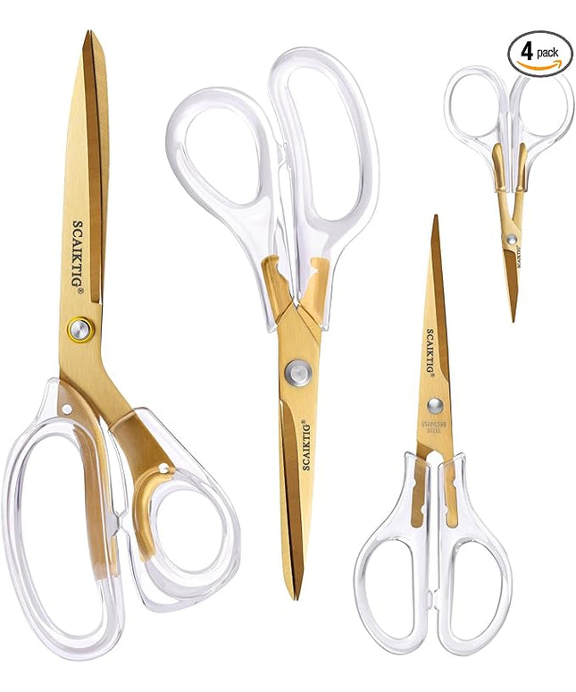 SCAIKTIG Acrylic Scissors Set, Office Scissors for Desk Gold, Clear Comfort-Grip Handles and Titanium Coated Blades, Sharp Scissors all Purpose Heavy Duty for Sewing, Art, Craft, School, Home Supplies