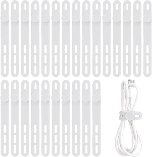 Oligei 25 Pcs Silicone Cable Ties, Cable Ties Reusable, High Elasticity Cord Wraps for Electrical Cords, Cord Organizer for Earphone, Phone Charger(White)