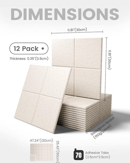 Large Felt Bulletin Board 48" x 36", 12-Pack 4-Compartment Wall Organizer, Cork Board Alternative with 70 Removable Adhesive Tabs, Modular Felt Panels for Home Office, Classroom and Study-Oatmeal
