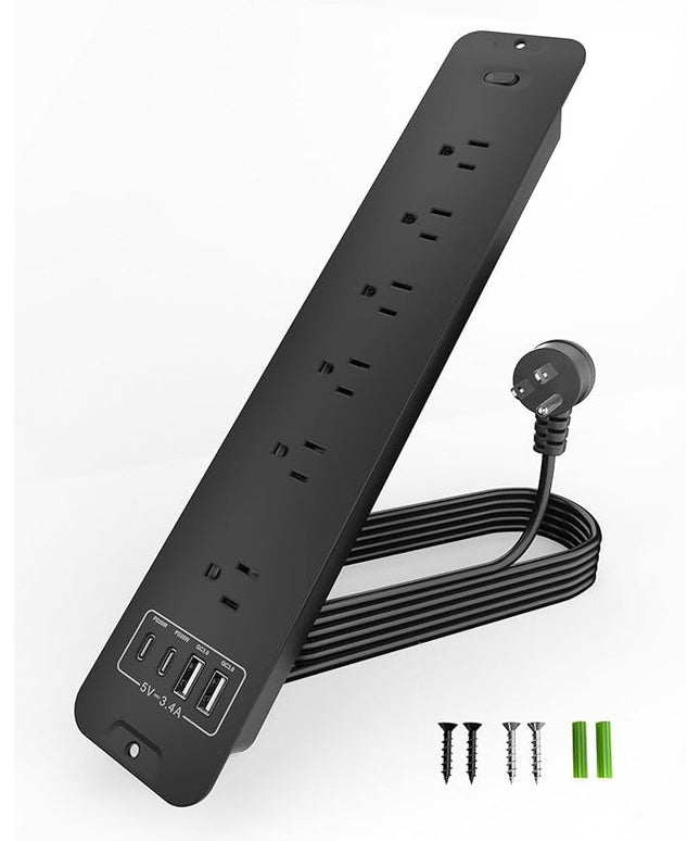 Recessed Power Strip Extension - 10 Outlet Surge Protector with 6 AC - 2 USB-A（18W） and 2 USB-C（PD20W） Ports - Flush Mount Desk Outlet with 6 Feet Cord - for Conference Table (Black)