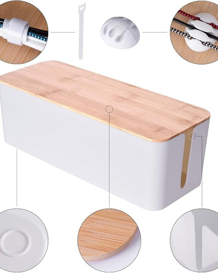 2 Pack Large Cable Management Box – Wooden Style Cord Organizer and Cover for TV Wires, Computer, Router, USB Hub and Under Desk Power Strip – Safe ABS Material and Baby-Pets Proof Lock (White)