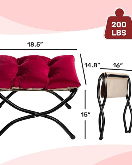 HollyHOME 15"(H) Folding Footrest Stool, Upholstered Small Foldable Ottoman, Accent Padded Sofa Foot Stool for Lazy Chair, Metal Frame Portable Foot Rest Ottoman for Living Room, Bedroom, Burgundy
