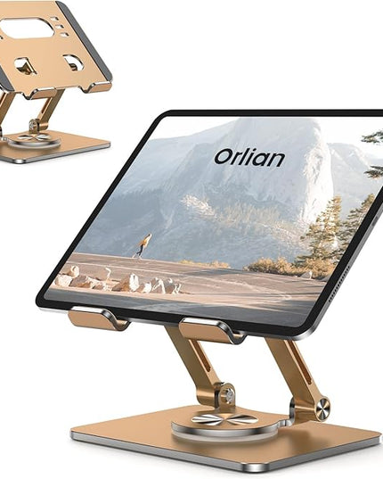 Tablet Stand Holder with Thickened 360°Rotating Base Dual Rod Adjustable Aluminum Stand for All 5.8-12.9” iPad Samsung Phone Tablet Kindle E-Reader and More, Gold