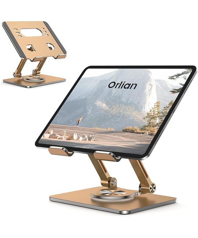 Tablet Stand Holder with Thickened 360°Rotating Base Dual Rod Adjustable Aluminum Stand for All 5.8-12.9” iPad Samsung Phone Tablet Kindle E-Reader and More, Gold
