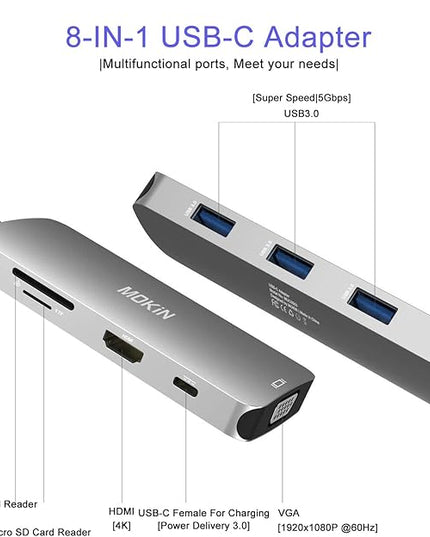 USB C Hub Multiport USB C Adapter for MacBook Pro 2023 2022 2021 2020,USB C Hub USB C to HDMI VGA SD TF Card Reader 3USB 3.0 and USB C Power Pass-Through Port