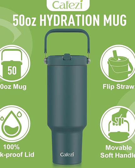 50 oz Tumbler with Handle, Stainless Steel Water Bottles with Flip Straw and Top Handle, Leak Proof, No Sweat, Cold for 30 Hours, Fits in Cup Holder, Vacuum Insulated Tumblers for Home, Office