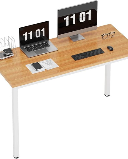Need Computer Desk, 47 inch Home Office Desk, Modern Simple Style Home Office Gaming Desk, Basic Writing Table for Study Student, White Metal Frame, Teak