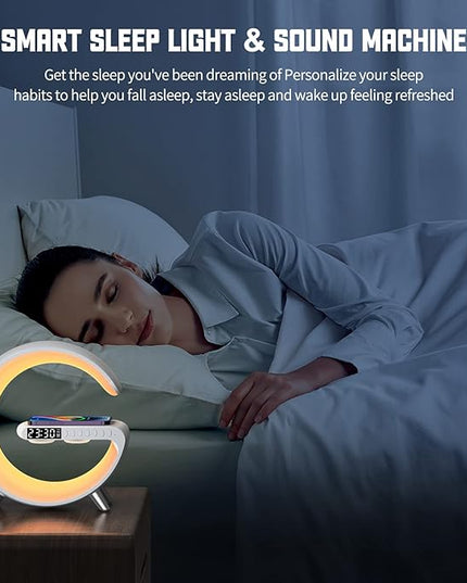 Smart Table Lamp with 4-in-1 Wireless Charger, Night Light, Bluetooth Speaker, Alarm Clock, App Control, Office, Bedroom, Home Decor (Black)