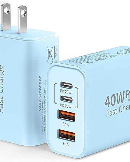 USB C Wall Fast Charger Block, 40W 4-Port Type C Chargers Fast Charging Blocks PD Power Charger Adapter+QC 3.0 USB Multiport Charger Brick for Phone 17/16/15/14/13/12 Pro Max, i-Pad, Galaxy S25-2Pack