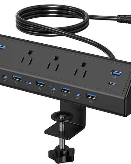 Jgstkcity 130W Desk Clamp Power Strip, 12 USB Ports (6 PD 65W USB-C),Surge Protector,ETL Listed Power Hub Extension Cord,Fast Charging Station for Home Office Desk Edge Mount (Black, 12 USB-130W)
