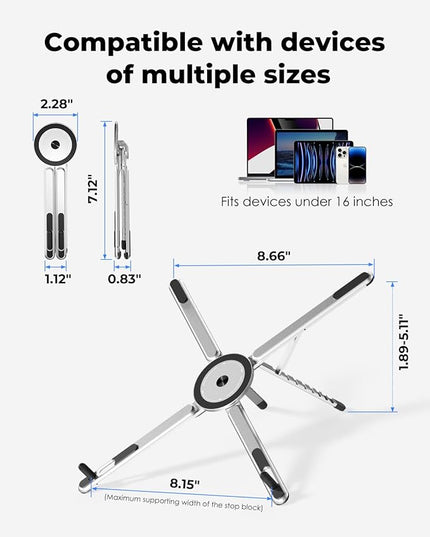 Viozon Portable Laptop Stand for Desk, Foldable Adjustable Computer Riser with Magnetic Phone Holder, Aluminum Laptop Stand for 10–16” Laptops & 4–13” Phones/Tablets (Silver)