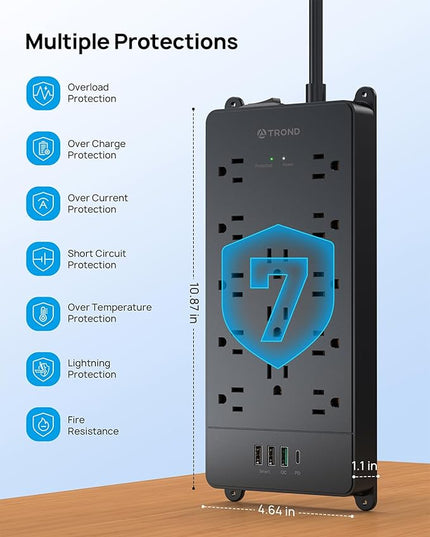 TROND Surge Protector Power Strip, 5ft Heavy Duty Extension Cord with 32W USB C & QC 3.0 Charger, 4000 Joules, ETL Listed, 13 Wide Spaced Outlets, Flat Plug, Wall Mount for Home Office Supplies, Black