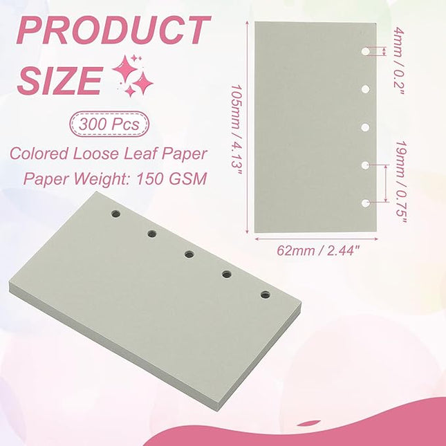 PATIKIL Colored Loose Leaf Paper, 4.1" x 2.5"(A8) 300 Sheets 5 Holes Punched 150GSM Blank Binder Refill Paper Supplies for Office Note Taking Teacher Planner Journal Notebook, Light Gray