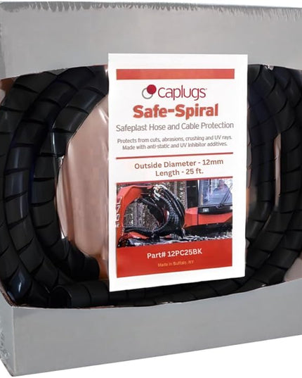 Caplugs SPPC Series – Safeplast Safe-Spiral Pre-Cut Spiral Wrap, Hose & Cable Protector, Black HD-PE, 0.50" OD x 25' Pre-Cut Length, Hydraulic & Pneumatic Hoses (12PC25bk)