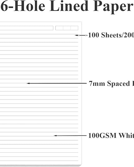 6 Hole Lined Paper Refills for A5 Ring Binder - 100 Sheets/200 Pages Loose Leaf Paper Line Refills for Filofax Planner, 100 gsm White Paper, 5.8" x 8.25"