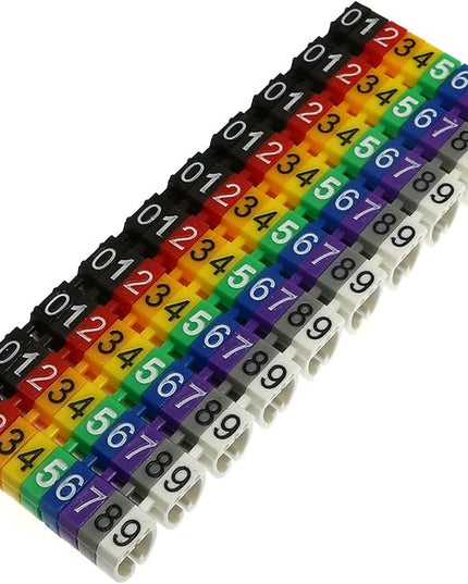 100pcs 6mm Colourful C-Type Marker Number Tag Label for 6-10mm Wire, Cable Markers in A Box for RJ45 Cat6 and Cat5E, RG TV Cables