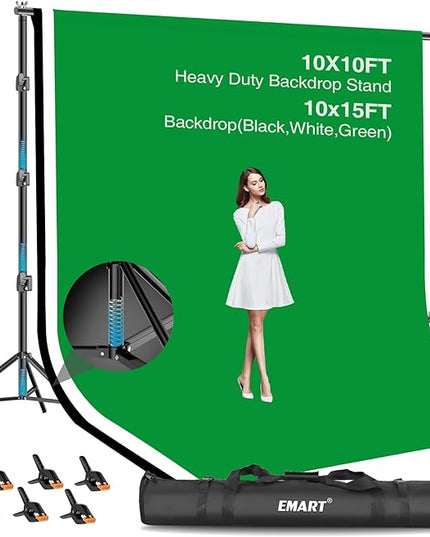 EMART 10x10ft Backdrop Stand Heavy Duty, Adjustable Photography Background Support System with 10x15ft Polyester Backdrop(Black/White/Green) for Photography Studio, Parties, Wedding, Video Shooting