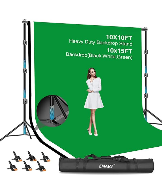 EMART 10x10ft Backdrop Stand Heavy Duty, Adjustable Photography Background Support System with 10x15ft Polyester Backdrop(Black/White/Green) for Photography Studio, Parties, Wedding, Video Shooting