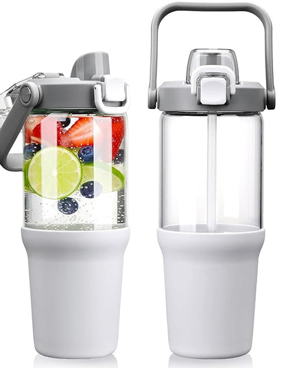 Glass Tumbler with Carry Handle, Clear Glass Water Bottle with Leakproof Lid, Spout Lid&Straw, BPA-Free, 32 oz, White