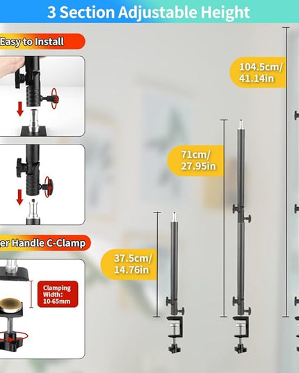 Heavy Duty Overhead Camera Desk Mount Stand 14.5"-41" with 1/4" Screw, 3-Section 360°Rotatable Detachable Articulating Boom Arm with Enlarged Handle C Clamp, Tabletop Light Stand for Streaming Vlog